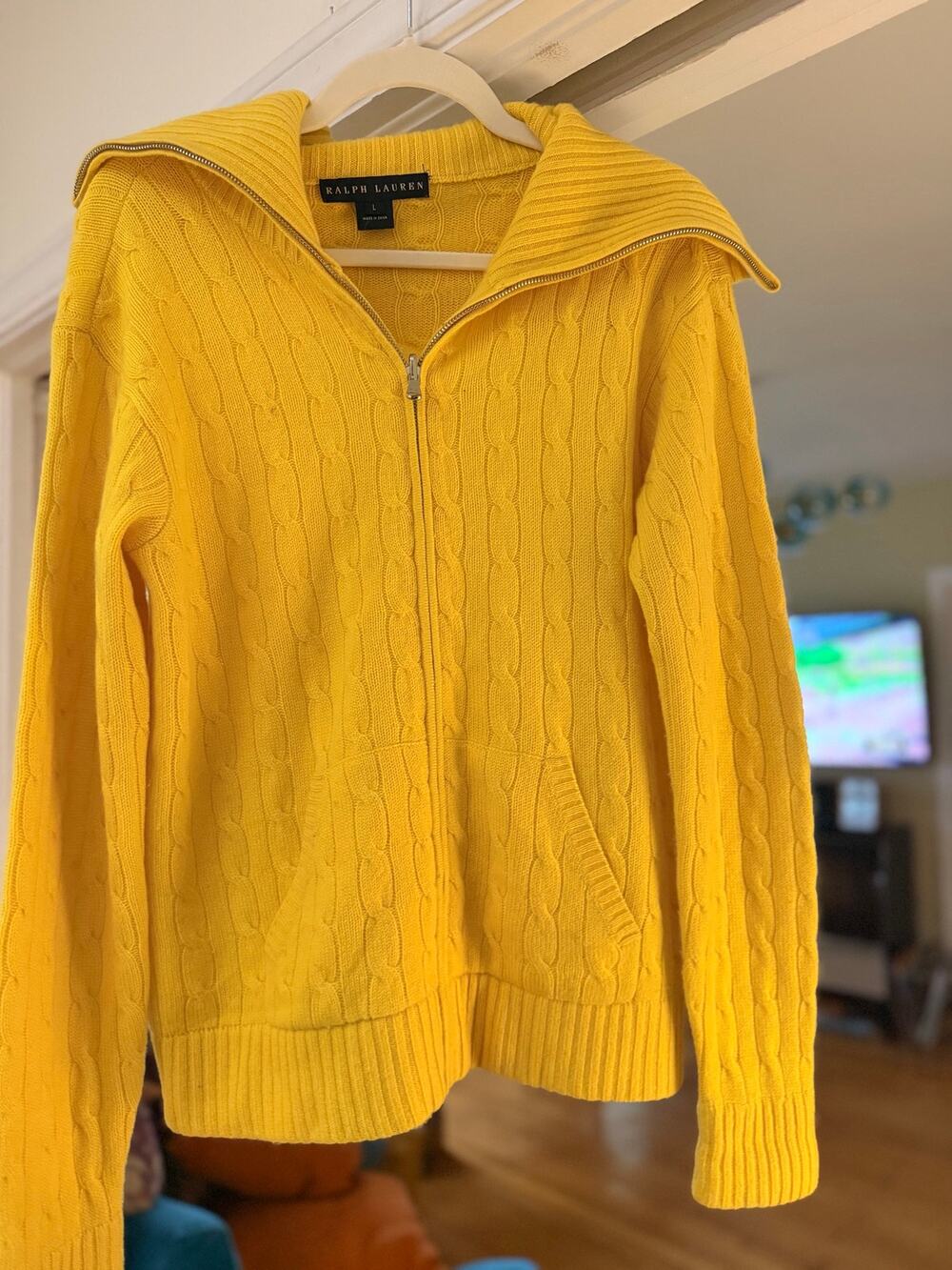Ralph Lauren 100% Cashmere Yellow Cable Knit Zip Sweater Large